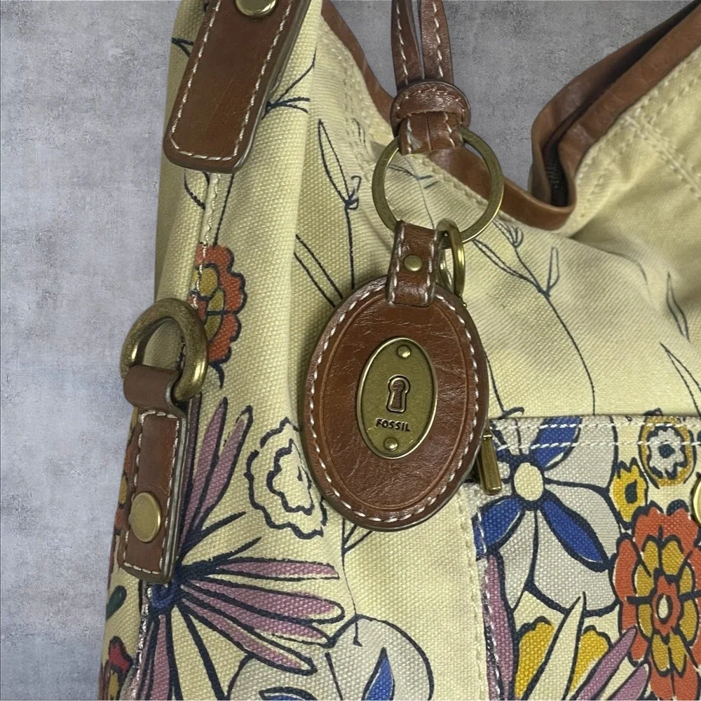 Fossil Long Live Vintage Canvas Floral Retro Hobo Bag Purse Y2K Hippie Boho